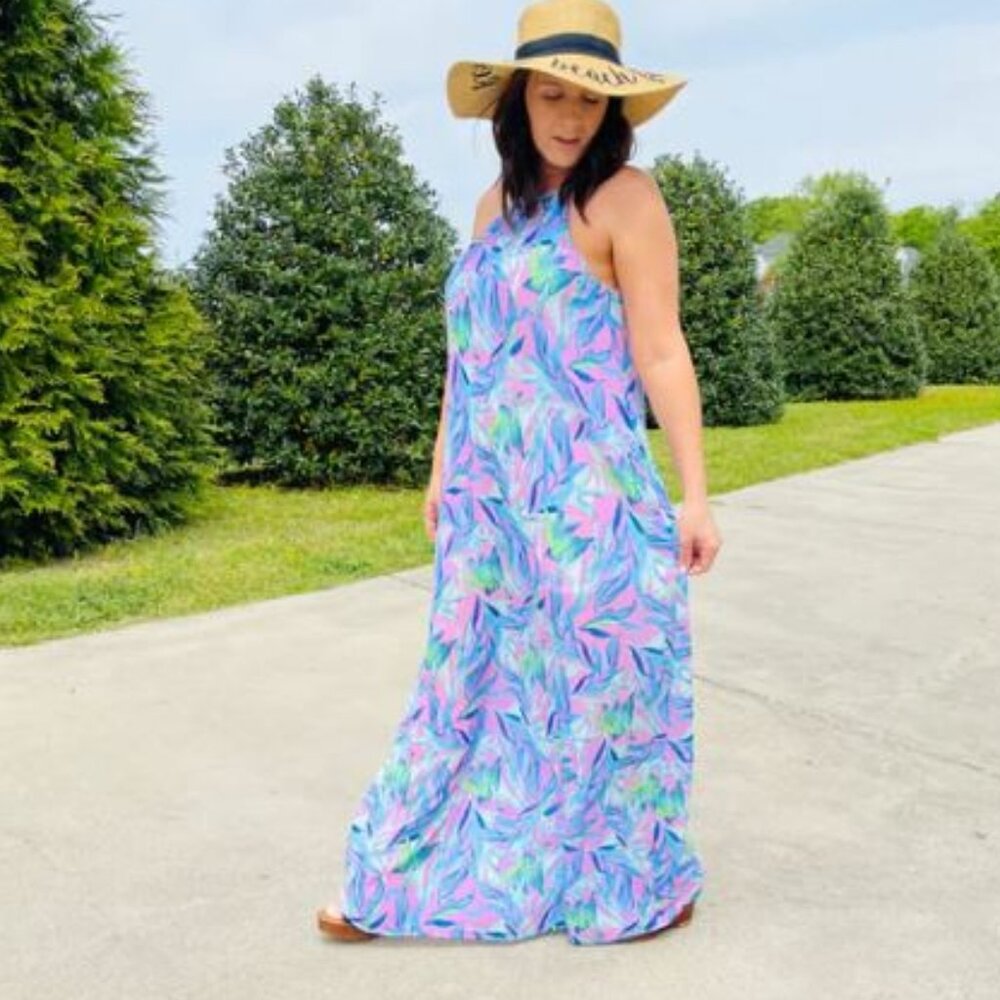 Peach Love California Vibrant Blue and Pink Maxi Dress
